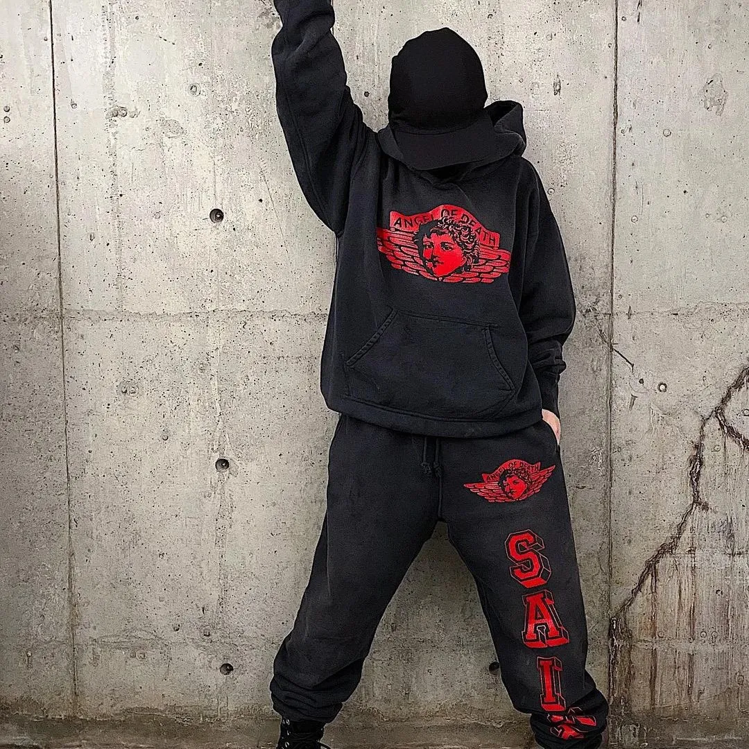 SAINT Mxxxxxx ANGEL HOODIE/BLK Angel Rebirth Crack Printed Retro Distressed Hoodie Assute dyeing, full-length spray-on fade, heavy fermentation wash, NEW VINTAGE texture, factory four-needle and six-thread workmanship, boneless patchwork, more comfortable to wear, genuine level crack print/accessories restored